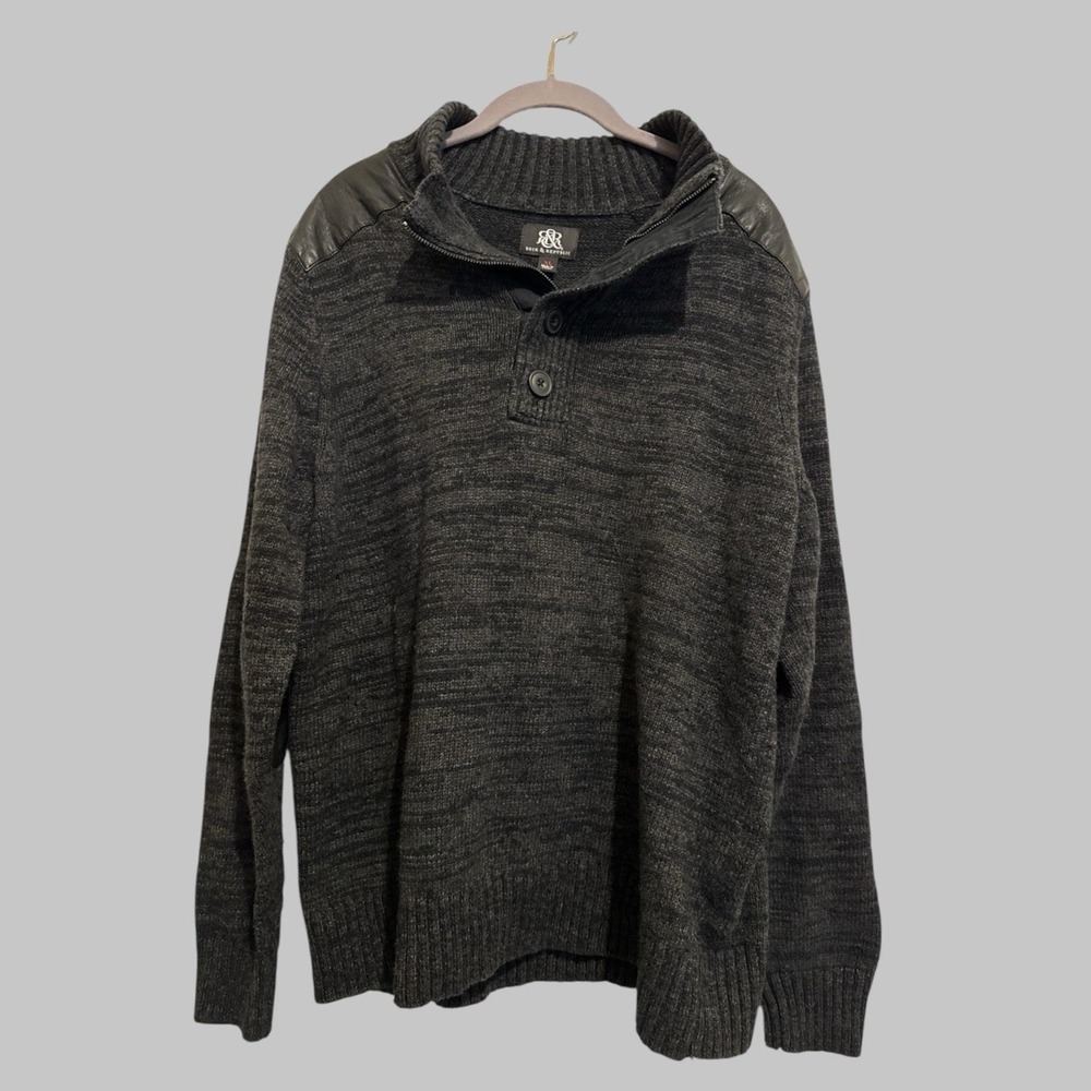 Rock & Republic Men's Quarter Button‎ Zip Faux Leather Trim Charcoal Sweater XL